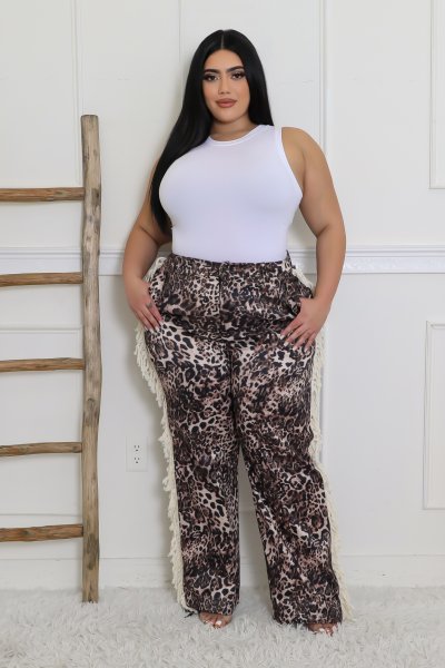 Fierce Cheetah Print Wide-Leg Fringe Pants